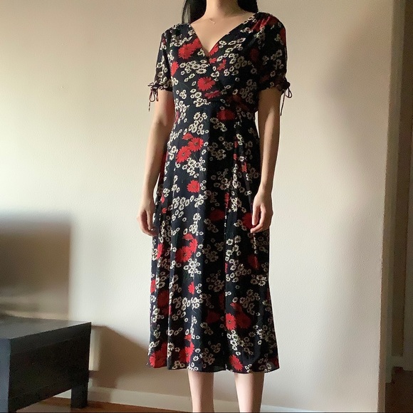 navy floral wrap midi dress